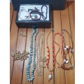 JOB LOT OF COSTUME JEWELLERIES WITH A VINTAGE WOODEN TRINKET BOX.