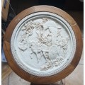 ANTIQUE HAND ENGRAVED HIGH RELIEF SIGNED CHINEESE RESIN SIDE TABLE WITH TEAK WOOD STAND.