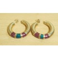 Authentic Rare Stunning Italian Gold Plated on Sterling Silver Dual Colour Enamel Hoop Earring.
