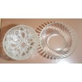 PAIR OF CRYSTAL LIKE HIGHLY ORNATE, THICK & HEAVY CLEAR GLASS BOWLS.