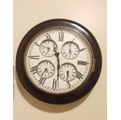 VINTAGE MULTI TIME ZONE BRASS & WOOD LARGE QUARTZ WALL CLOCK.