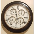 VINTAGE MULTI TIME ZONE BRASS & WOOD LARGE QUARTZ WALL CLOCK.