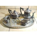ANTIQUE ALPHA PLATE - SHEFFIELD ENGLAND SILVER PLATED TEA SET WITH DEEP LARGE TRAY.