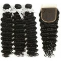 Grade 10A Brazilian Hair Black Deep Wave 3 Bundles and closureHuman Hair (8inch) upgradeable