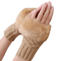 Glamorous & Practical Fashion Beige Fingerless Knitted Gloves With Faux Fur Detail