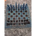 Chess set,Kenyan soapstone, 32 pieces plus board(blue king glued)