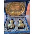 Vintage Old Antique Brass decorative presenting box salt and pepper pots pair tray