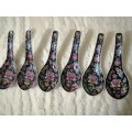 6 x Vintage black floral Mille Fleur Chinese soup spoons