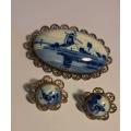 1950s delft earring and brooch set in sterling silver