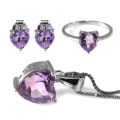 Genuine Amethyst Heart Set: Pendant, Necklace, Earrings, Ring .925 Silver 4-6ct