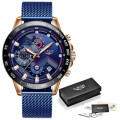 Lige 9929 Luminous Men Quartz Watches Waterproof Chrono Luxury Steel Mesh Stylish Wrist Watches Men