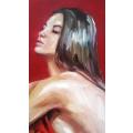 Nude in red, oil painting by Danie Cronje on canvas sheet, unframed