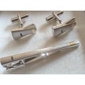 Stunning modern set of stainless steel and gold cufflinks and tie pin-unknown small monogram logo