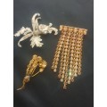 Joblot of 3 Vintage Brooches 1 marcasite,1 purple dangling & 1 Yellow stone flower