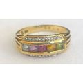 Stunning multicoloured gem stone ring in 9ct yellow gold with 8 diamonds on the sides