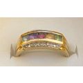 Stunning multicoloured gem stone ring in 9ct yellow gold with 8 diamonds on the sides