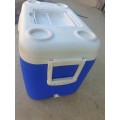 Large blue and white cooler box with drain