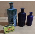 3 Vintage Flatback, Half-Hexagonal Hobnail Bottles, 1 x Green, 2 Cobalt Blue