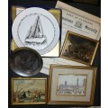 Six Vintage Items including a Staffordshire Bone China Commemorative plate finished in 22 ct