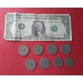 USA NOTE AND COINS 5 QUARTERS AND 2 10c