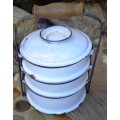 Antique 3 piece enamel carrier container cookware set/blue trimmings-Complete and in good condition