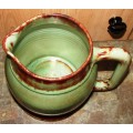 Beautiful green/brown spotted Linn Ware Jug-H 14 cm, Top dia.with handle 17 cm-small chip on rim