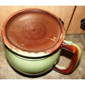 Beautiful green/brown spotted Linn Ware Jug-H 14 cm, Top dia.with handle 17 cm-small chip on rim