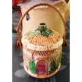 Beautiful Vintage round House scene Cookie Jar with lid and bamboo handle-H 14 cm, BD 11.5 cm