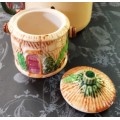 Beautiful Vintage round House scene Cookie Jar with lid and bamboo handle-H 14 cm, BD 11.5 cm