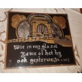 Vintage foil paper picture of "Voortekker Monument-with Bible verse" on bord with glass picture