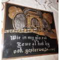 Vintage foil paper picture of "Voortekker Monument-with Bible verse" on bord with glass picture