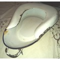 Antique white enamel bed pan from the 40`s with blue trimmings