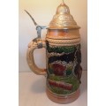Vintage German ceramic beer mug `Auf Jer Alm Saistessehon` with a hinged lid-H 22 cm , BD 9 cm.