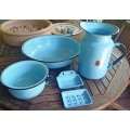 Good quality  5 Piece vintage Baby Blue Enamel set-Basin, Pitcher, Spittoon and soap dish