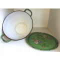 Beautiful Vintage Green Flower embossed motif/brown rim enamel bucket with lid -TD 22 cm, H 14cm
