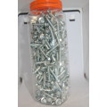 PLASTIC CONTAINER FULL OF BOLT HEAD SELF TAPPING SCREWS 5 MM BY 25 MM. APPROX 100 SCREWS