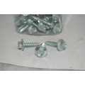 PLASTIC CONTAINER FULL OF BOLT HEAD SELF TAPPING SCREWS 5 MM BY 25 MM. APPROX 100 SCREWS