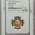 1889 Netherlands antique gold 10 gulden unc details 22.5mm NGC valuation @ $425