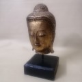 Handcrafted Solid Wood Gold Color Serene Peaceful Meditate Buddha Head On Stand