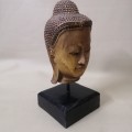 Handcrafted Solid Wood Gold Color Serene Peaceful Meditate Buddha Head On Stand