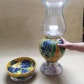 GORGEOUS GIANT HAND PAINTED CERAMIC PEWTER FOOTED CANDLE STAND AND BOWL SET