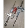 TWO VINTAGE WALL HANGING MEDIEVAL DECORATIVE BATTLE AX SWORDS 640mm