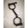 Rare pair of antique circa 1840, British, iron Hiatt Victorian handcuffs - Complete working