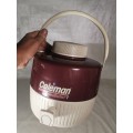 Vintage Coleman Steel belt 1 Gallon Maroon/White Cooler Jug with Cup & Spout - NICE UNUSED CONDITION