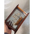 Vintage ship model Belle Poule in a glass and solid wood case - maritime decorative bookend