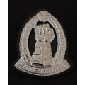 SA ARMOPURED CORPS, CHROMED CAP BADGE-WORN POST 1996- 2X SCREW LUGS  - - With Backing     F100