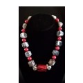Red, White, Grey Bead Necklace