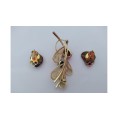 3 Piece Tiger Eye Leaf Gold Tone Brooch and Clip on Tiger Eye Earrings
