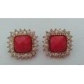 Red Square and Diamanté Clip on Earrings