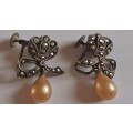 Vintage `sterling` screw-back marcasite earrings with faux pearl (?) earrings